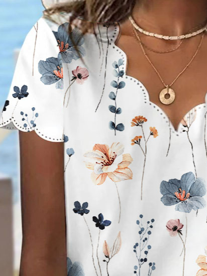 Summer Dessert Shell Neck Floral Design T-Shirt