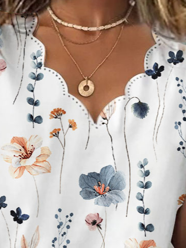 Summer Dessert Shell Neck Floral Design T-Shirt