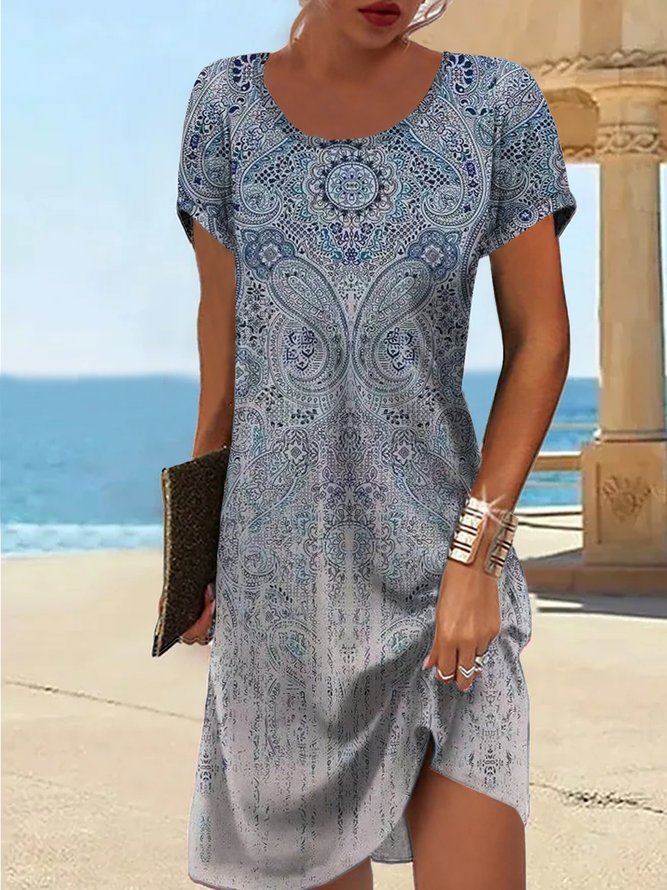 Loose Crew Neck Vacation Dress With