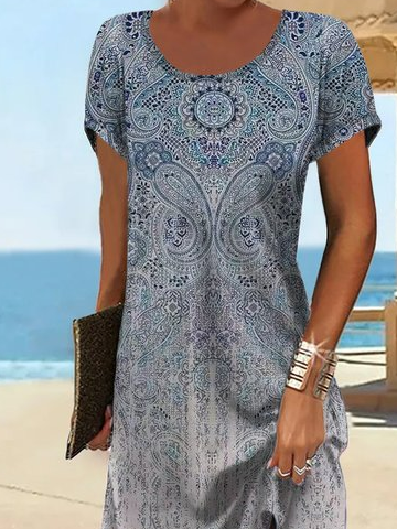 Loose Crew Neck Vacation Dress With