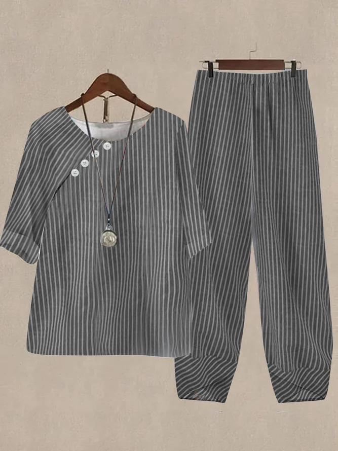 Striped Loose Crew Neck Linen Two-Piece Set