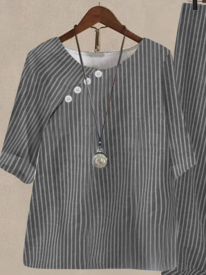 Striped Loose Crew Neck Linen Two-Piece Set