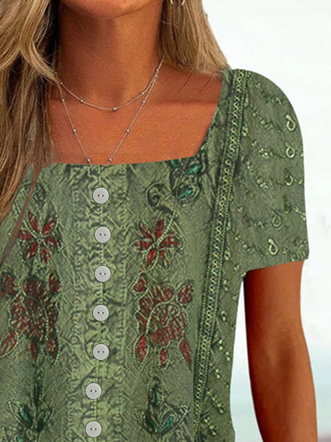 Floral Square Neck Vintage Regular Fit T-Shirt