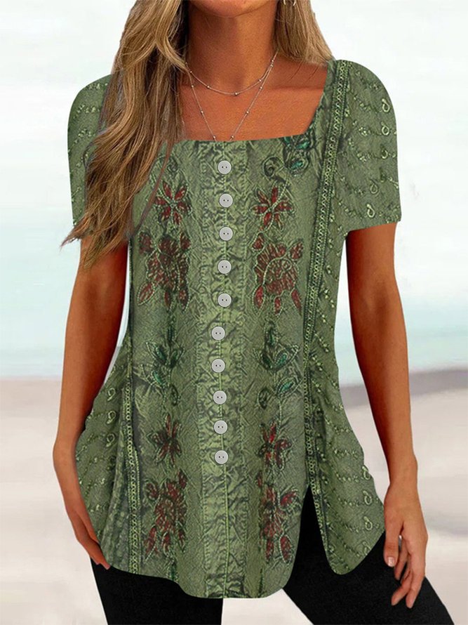 Floral Square Neck Vintage Regular Fit T-Shirt