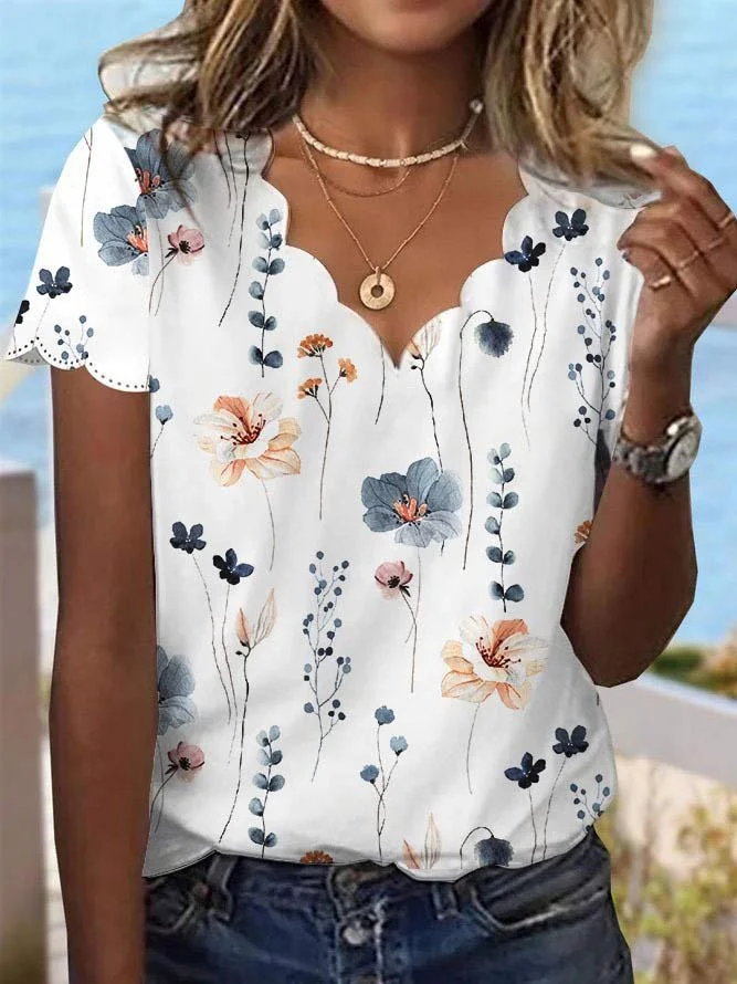 Summer Dessert Shell Neck Floral Design T-Shirt | justfashionnow