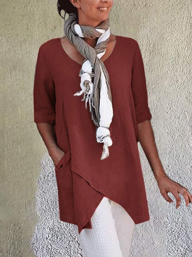 Linen Crew Neck Half Sleeve Solid Shirt & Blouses
