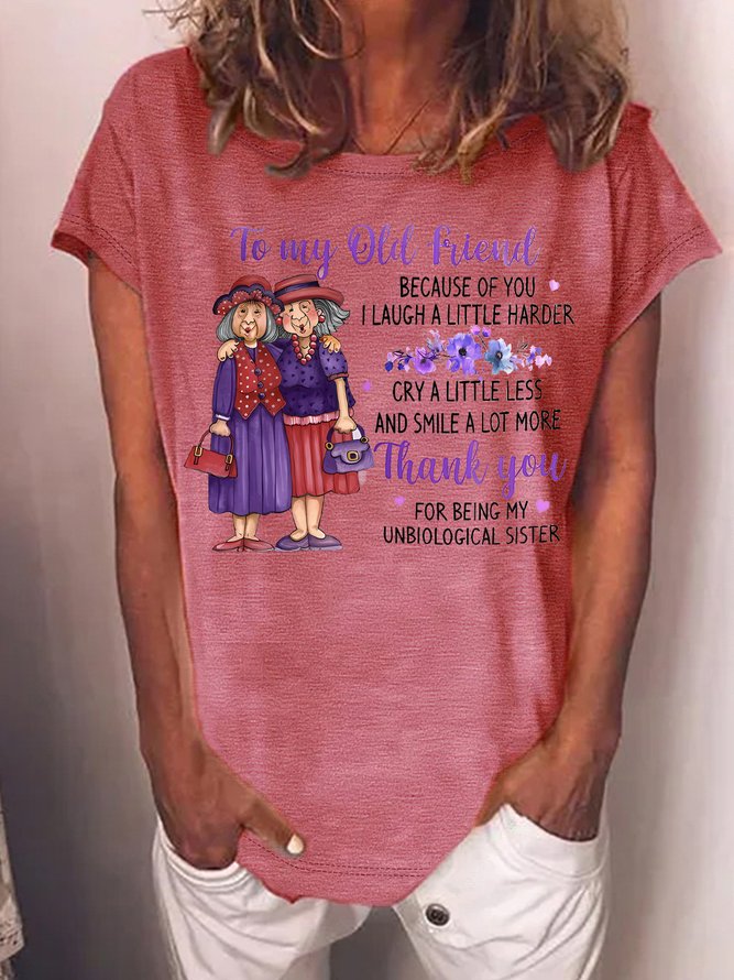 Women's Funny Old Friend Smile A Lot More Graphic Printing Text Letters Crew Neck Cotton-Blend Casual T-Shirt