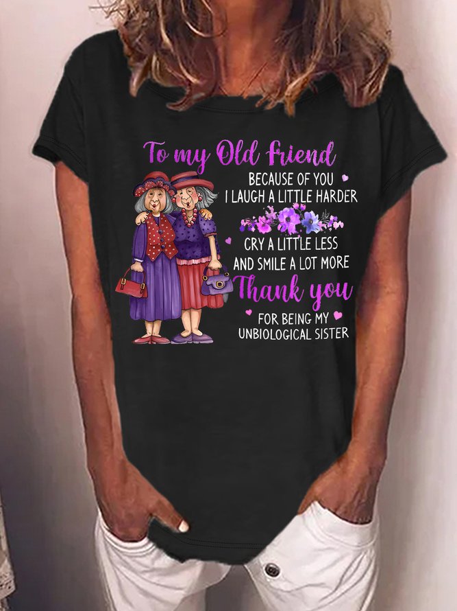 Women's Funny Old Friend Smile A Lot More Graphic Printing Text Letters Crew Neck Cotton-Blend Casual T-Shirt