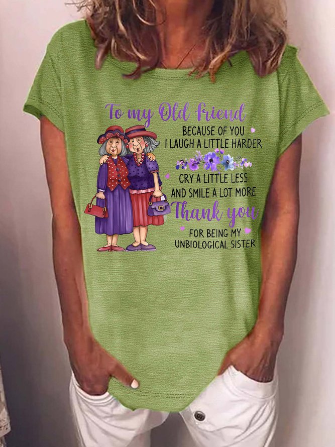 Women's Funny Old Friend Smile A Lot More Graphic Printing Text Letters Crew Neck Cotton-Blend Casual T-Shirt