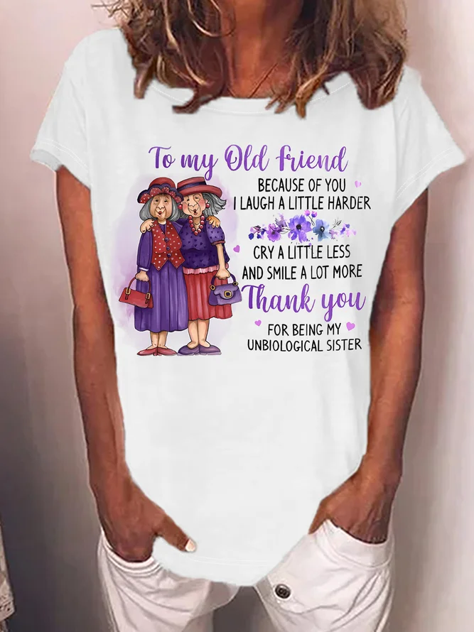 Women's Funny Old Friend Smile A Lot More Graphic Printing Text Letters Crew Neck Cotton-Blend Casual T-Shirt