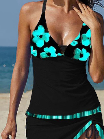 Vacation Floral Printing V Neck Swim Dress