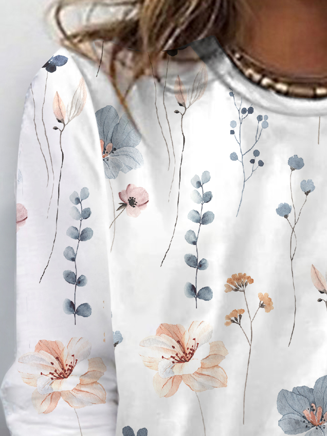 Country Floral Casual Crewneck Knit T-Shirt