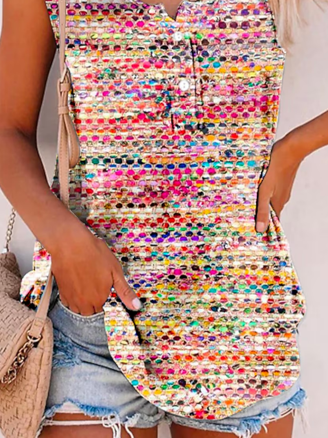 Buttoned Geometric Casual Crew Neck Tank Top
