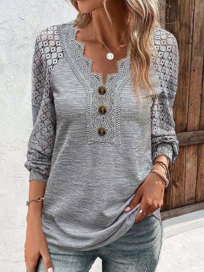 V Neck Casual Plain Lace Bukle T-Shirt