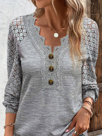 V Neck Casual Plain Lace Bukle T-Shirt