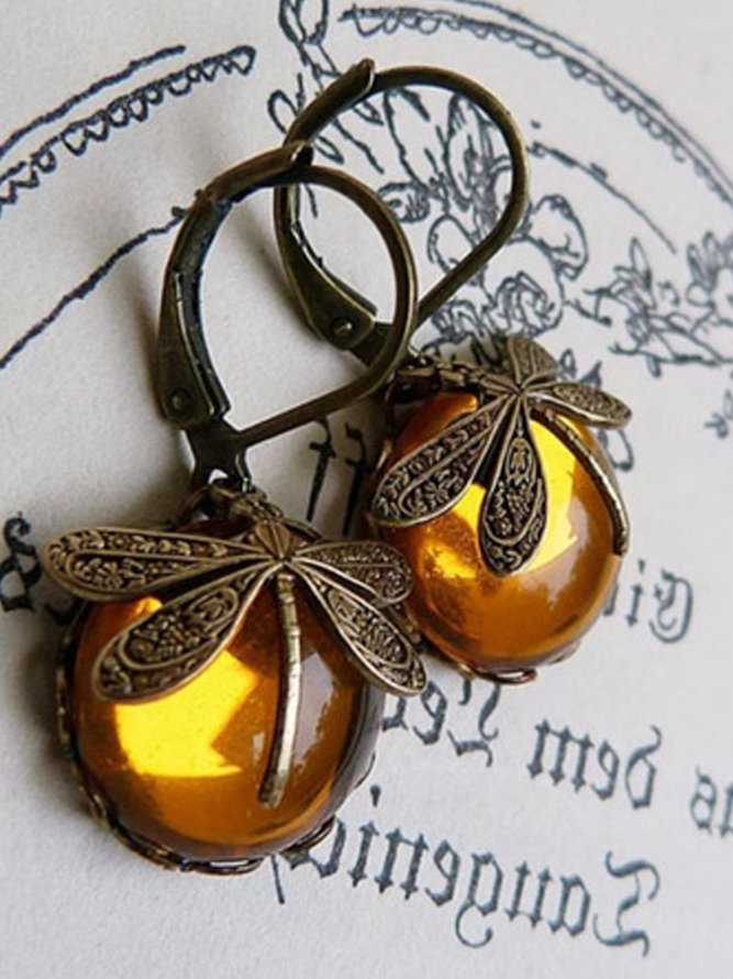 Hecheng European and American cross-border foreign trade jewelry retro dragonfly pattern earrings old moonstone ladies earrings wholesale