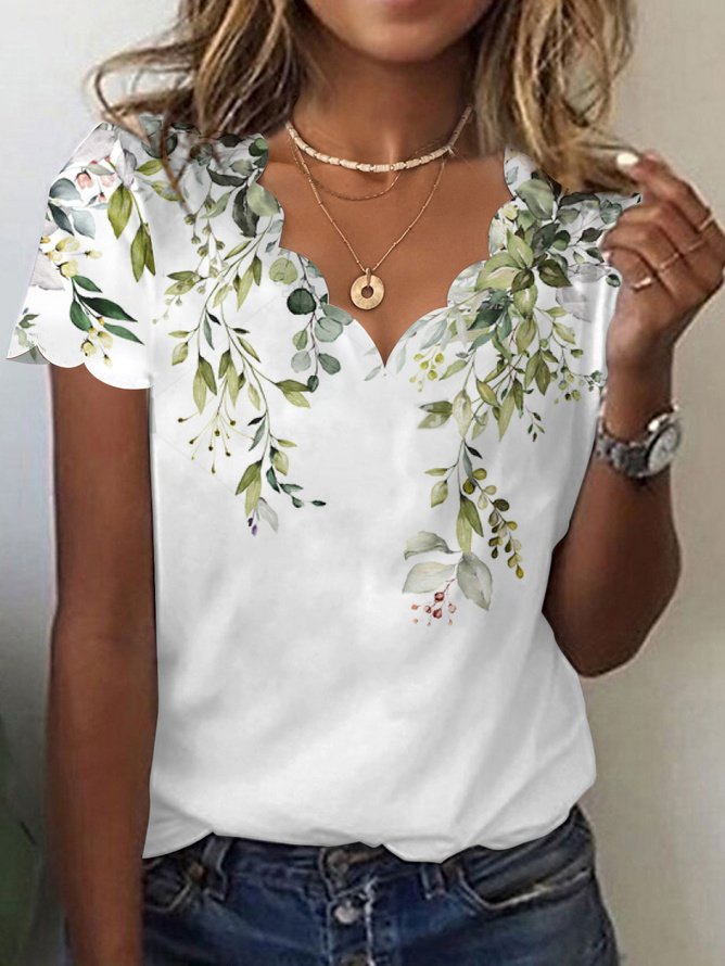 V Neck Loose Floral Casual T-Shirt