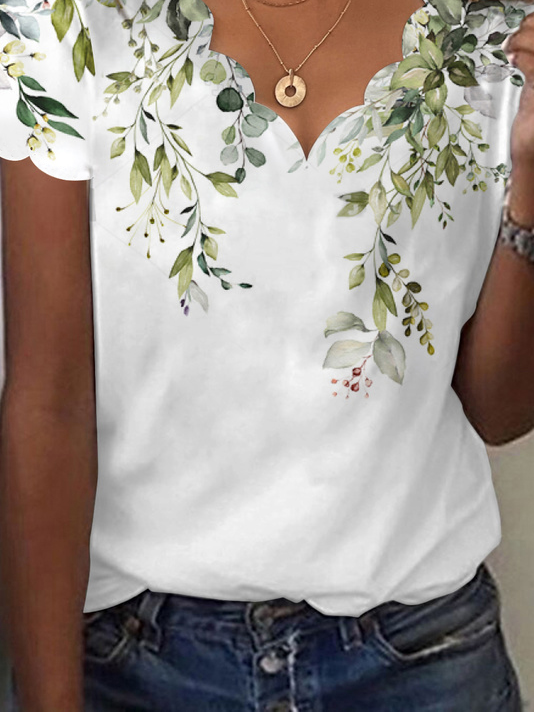 V Neck Loose Floral Casual T-Shirt
