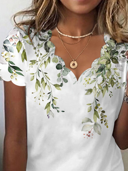 V Neck Loose Floral Casual T-Shirt