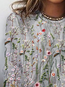 Crew Neck Floral Casual Knitted T-Shirt