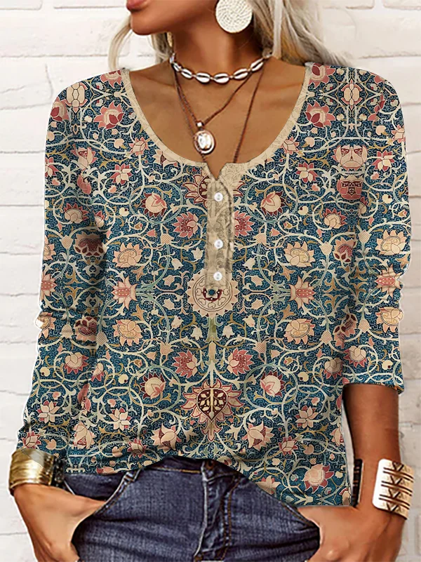 Ethnic Casual Crew Neck Knitted Shirt