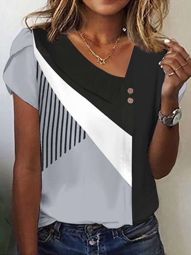 Color Block Loose Casual V Neck Shirt
