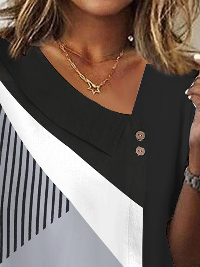 Color Block Loose Casual V Neck Shirt