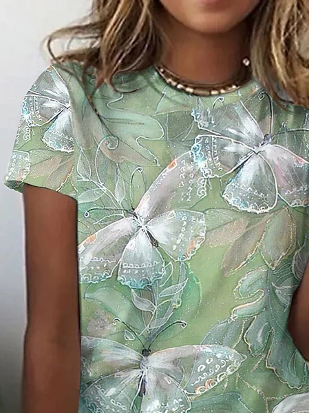 Casual Butterfly Cotton Crew Neck T-Shirt