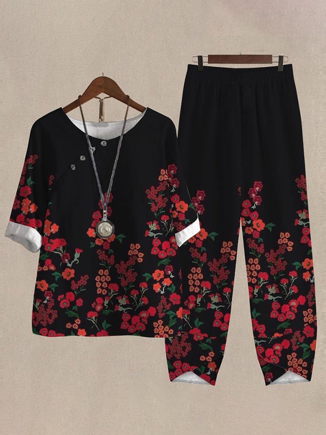 Casual Floral Crew Neck Two-Piece Set