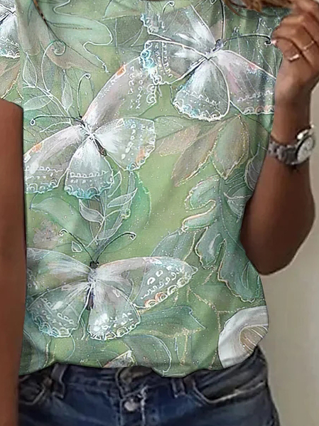 Casual Butterfly Cotton Crew Neck T-Shirt
