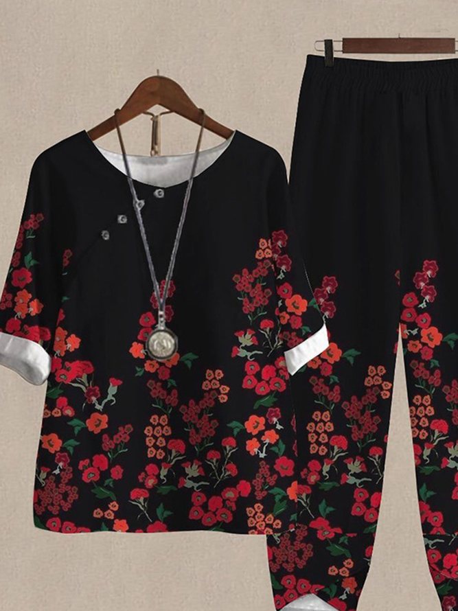 Casual Floral Crew Neck Two-Piece Set