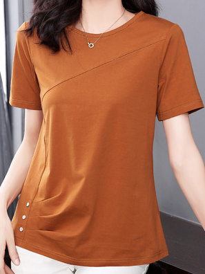 Plain Buckle Gathered Short Sleeve Casual Shirt