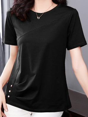 Plain Buckle Gathered Short Sleeve Casual Shirt