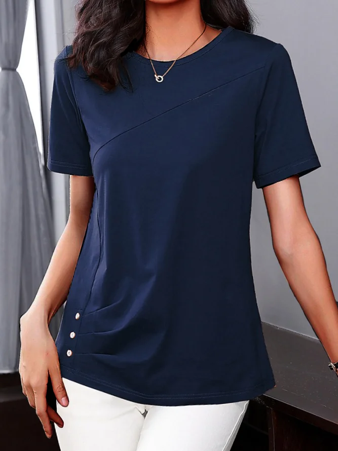 Plain Buckle Gathered Short Sleeve Casual Shirt