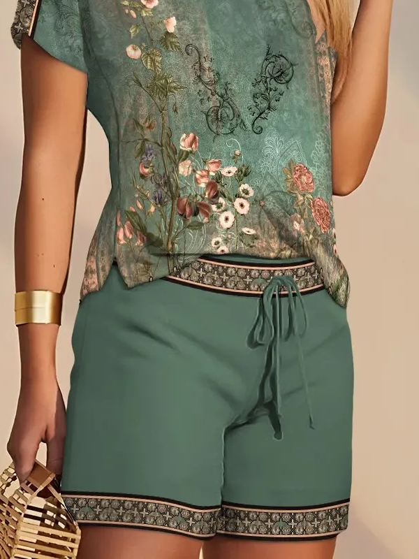Loose V Neck Floral Casual Two-Piece Set