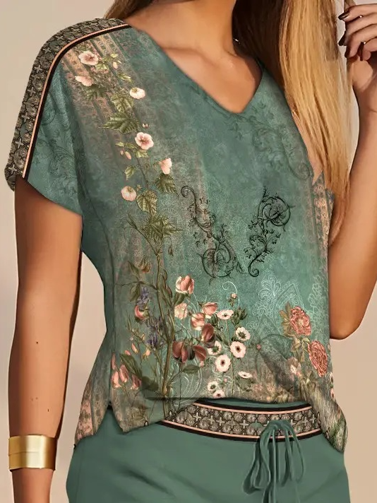 Loose V Neck Floral Casual Two-Piece Set