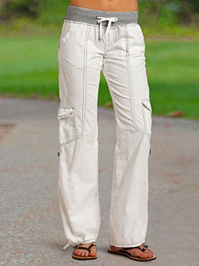 Linen Loose Plain Casual Drawstring Flap Pocket Side Tie Hem Long Pants