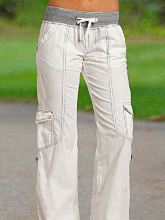 Linen Loose Plain Casual Drawstring Flap Pocket Side Tie Hem Long Pants