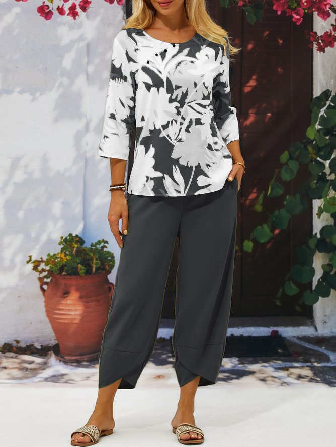 Casual Leaf Asymmetrical Collar Two-Piece Set