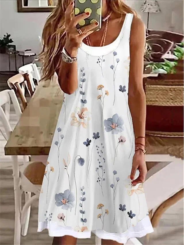Casual Floral Loose Crew Neck Dress