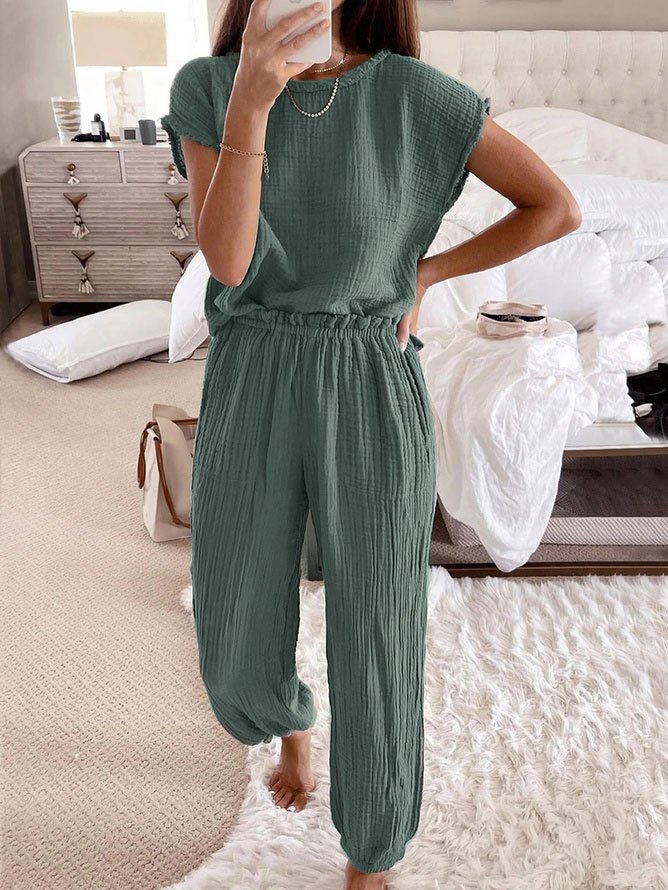 Plain Crew Neck Casual Loose Two-Piece Set