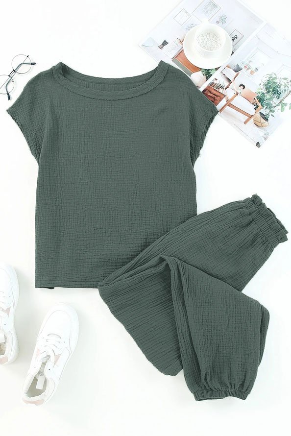 Plain Crew Neck Casual Loose Two-Piece Set