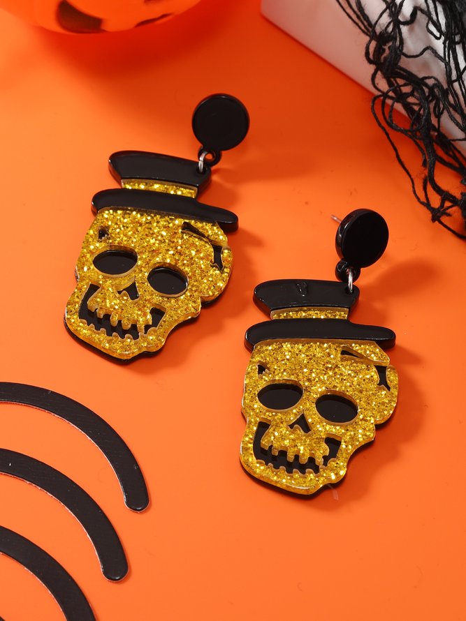 Halloween Glitter Skull Hat Stud Earrings