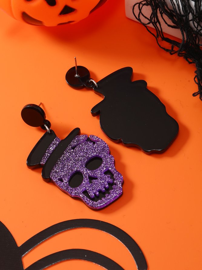 Halloween Glitter Skull Hat Stud Earrings
