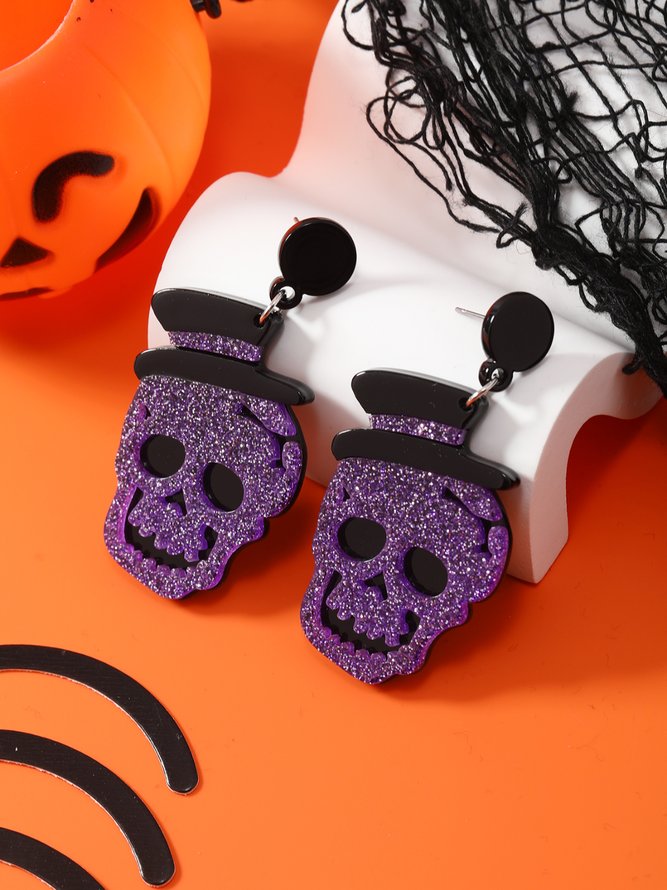 Halloween Glitter Skull Hat Stud Earrings