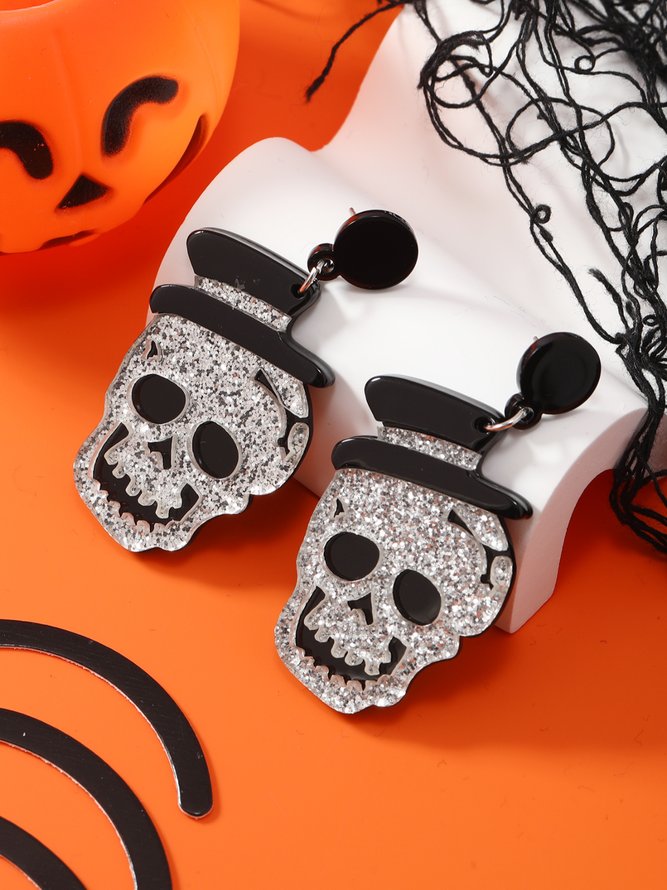 Halloween Glitter Skull Hat Stud Earrings