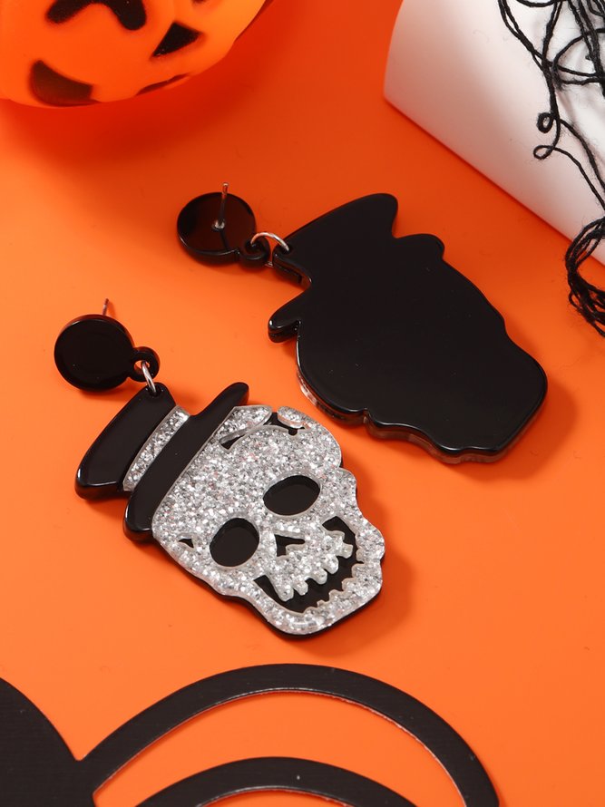 Halloween Glitter Skull Hat Stud Earrings