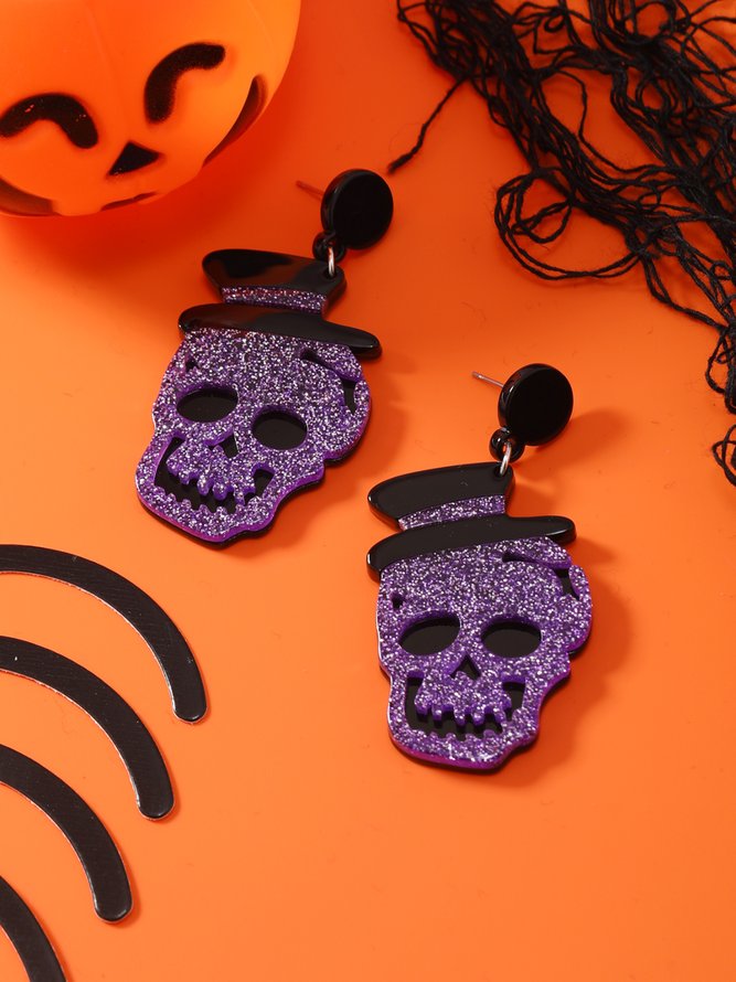 Halloween Glitter Skull Hat Stud Earrings
