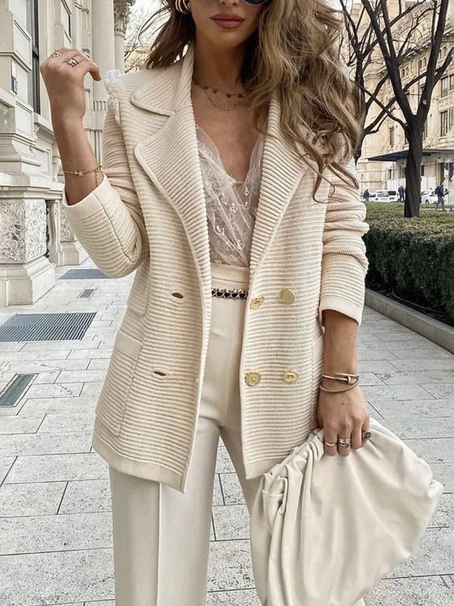 Plain Long Sleeve Buckle Lapel Collar Casual Blazer