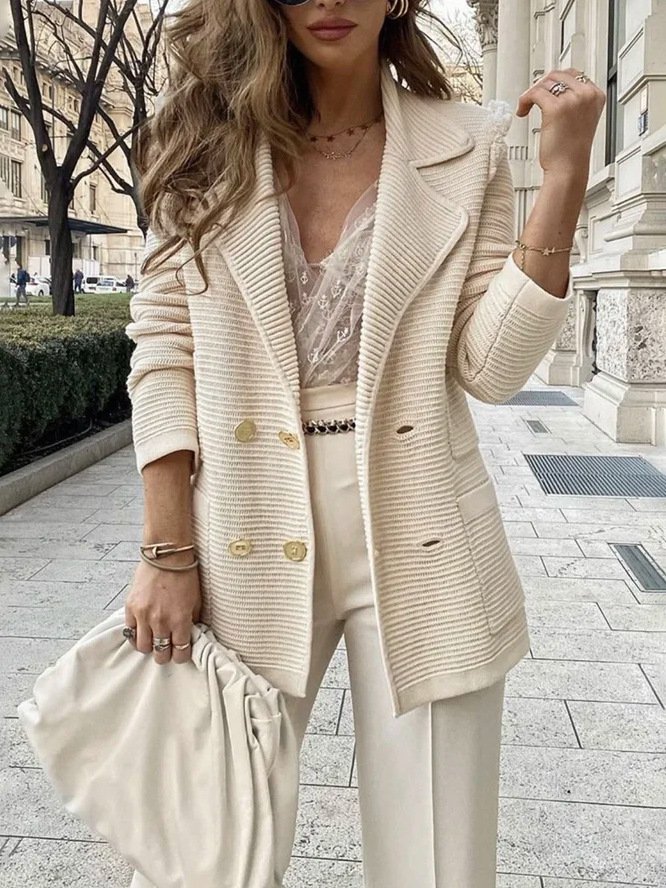 Plain Long Sleeve Buckle Lapel Collar Casual Blazer